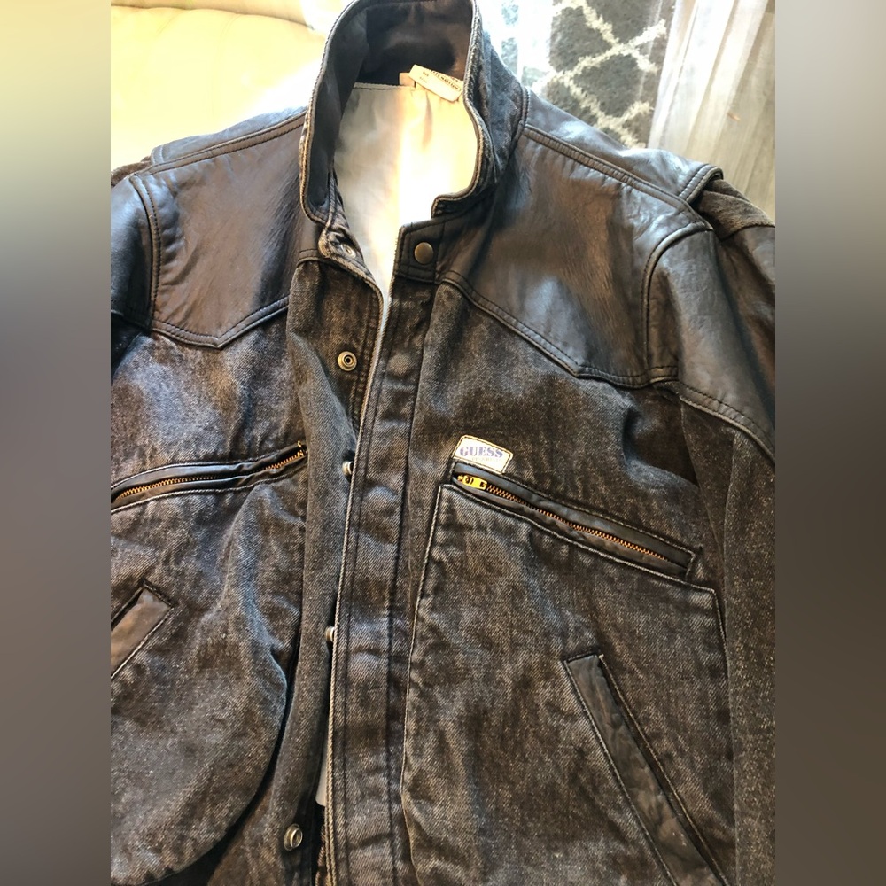Ultra Rare 1970s Vintage GUESS Men's Black Leather and Denim Jacket